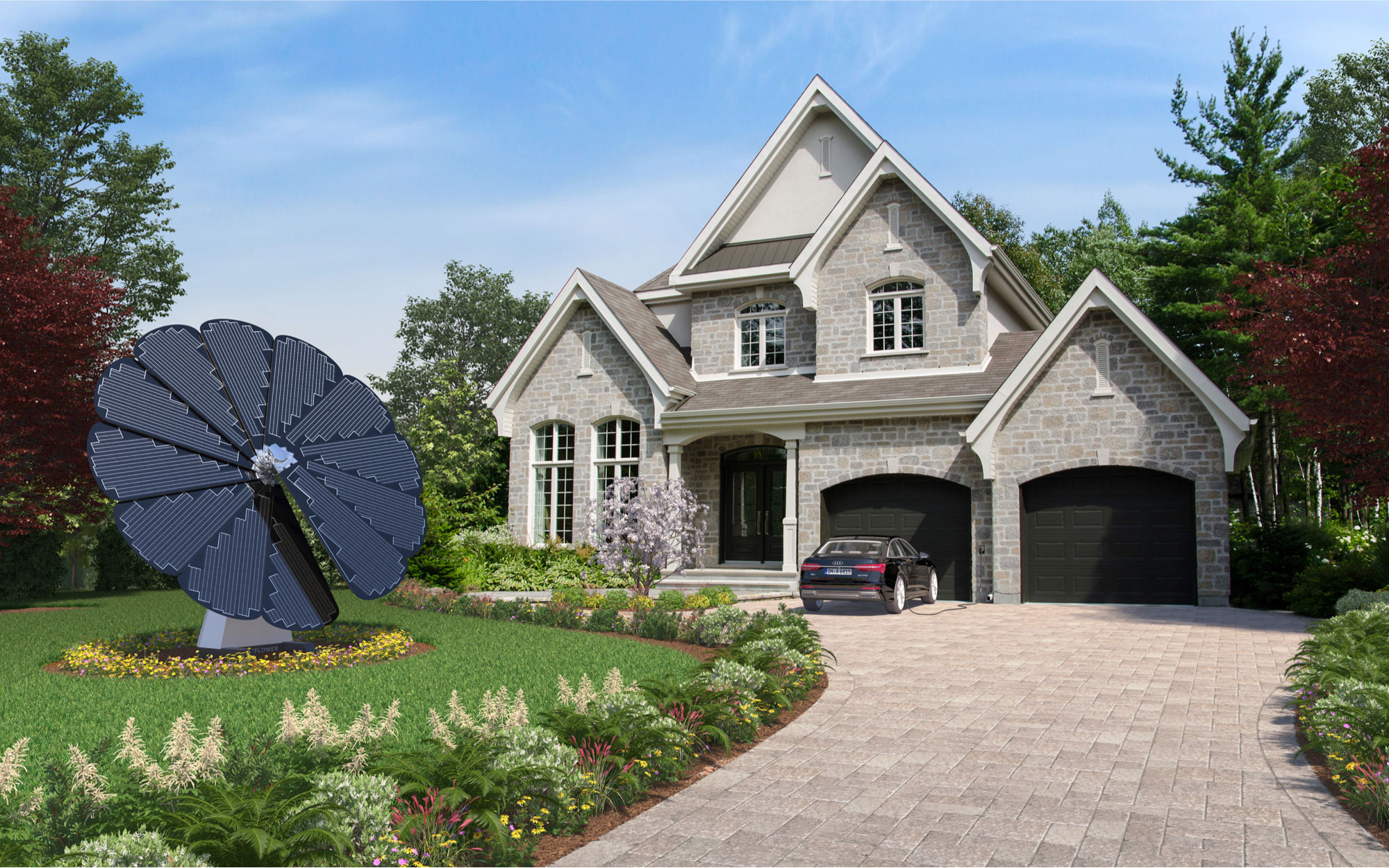 3D Rendering of a SmartFlower Solar Panel in the Front Yard of a Grey Brick Two-Story Home