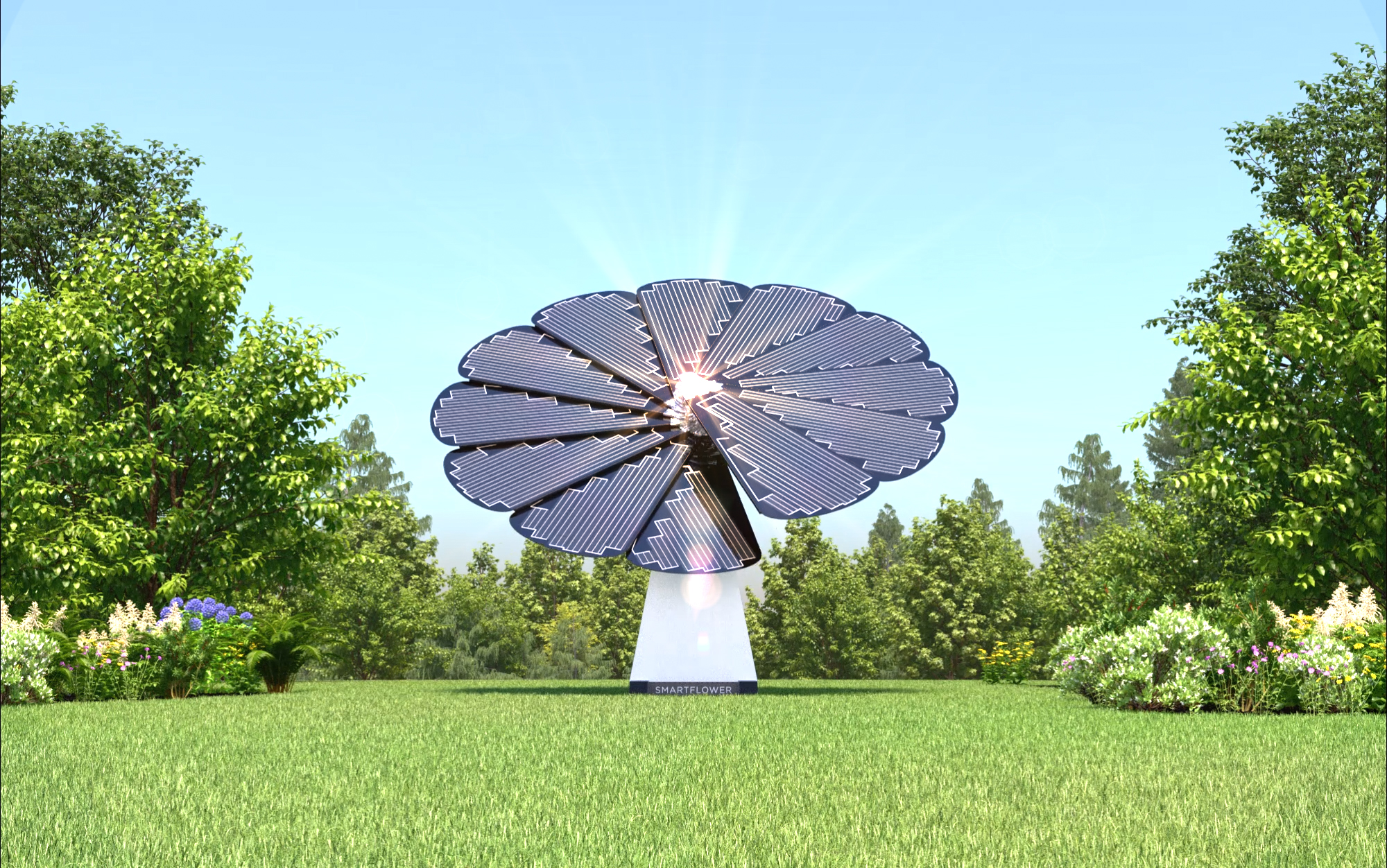 A Single SmartFlower Solar Panel Stands in a Clearing Framed by Trees and Flowers