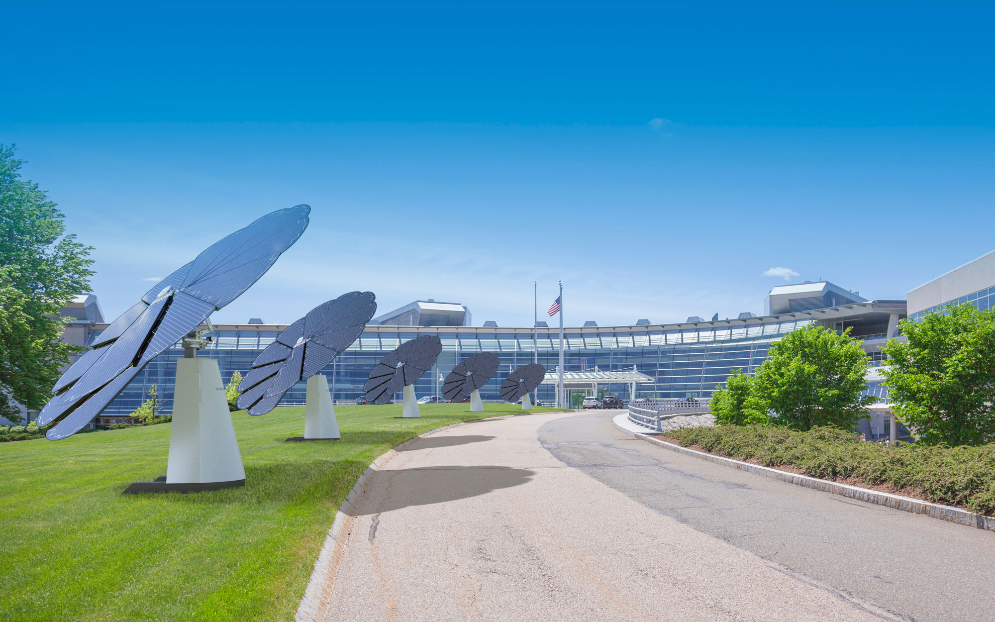 3D Rendering of Multiple SmartFlower Solar Panels Lining the Driveway of a Business